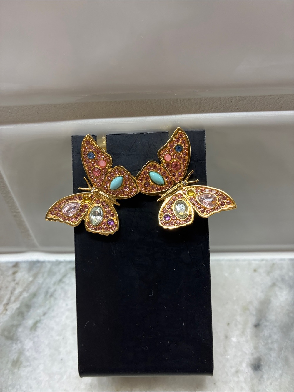 Kurt Geiger Gold Butterfly earrings, pierced, with Pink & Turquoise Stones.
